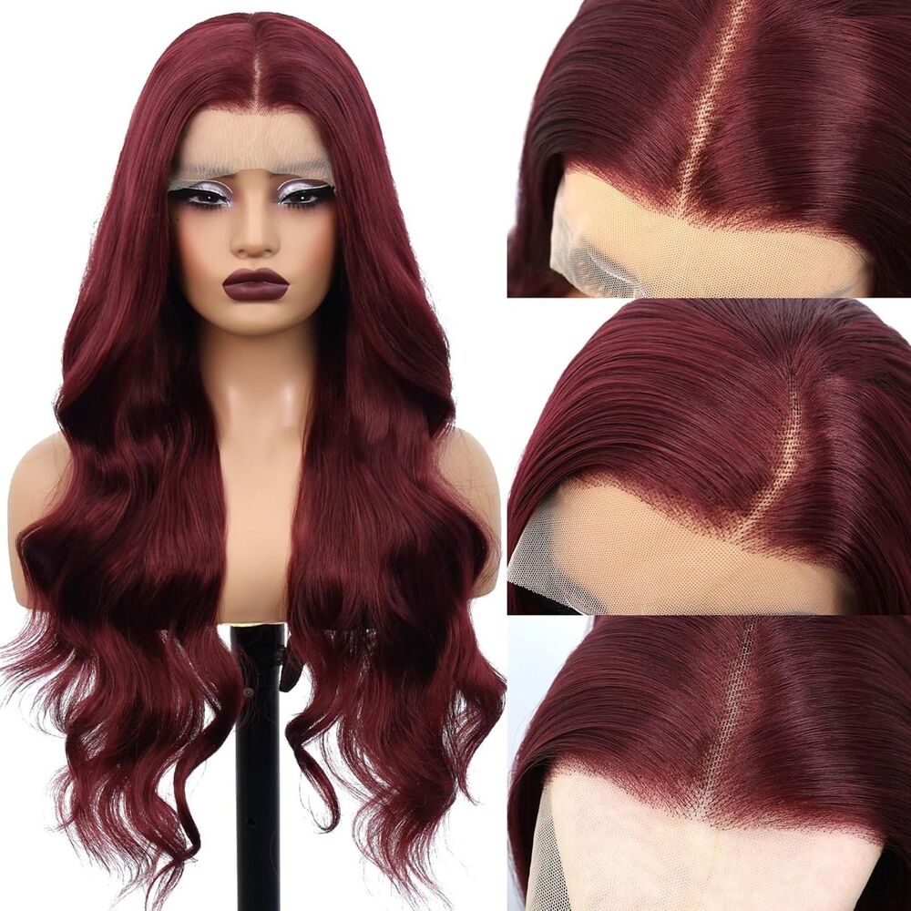 26" Burgundy 13x4 HD Lace Front Wig Glueless Synthetic 180% Density